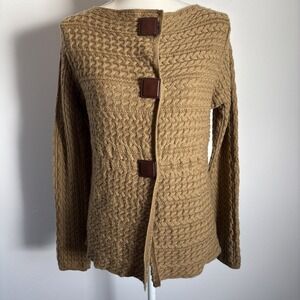 Philosophy Republic Mercerized Wool Cardigan Cable Knit Sweater Leather Buttons